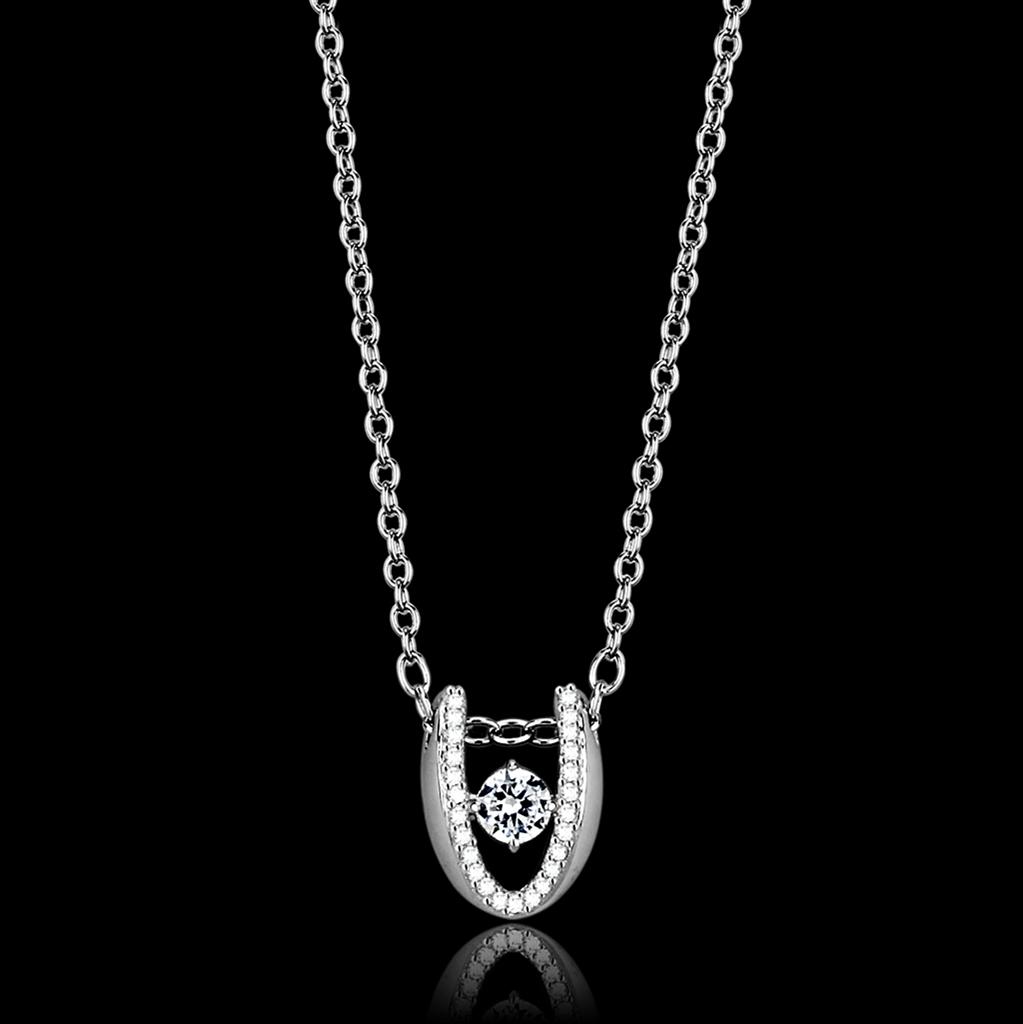 TS572 Rhodium 925 Sterling Silver Necklace featuring a clear AAA Grade CZ stone, showcasing elegance and shine.