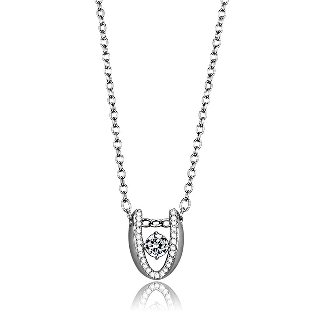 TS572 Rhodium 925 Sterling Silver Necklace featuring a clear AAA Grade CZ stone, showcasing elegance and shine.