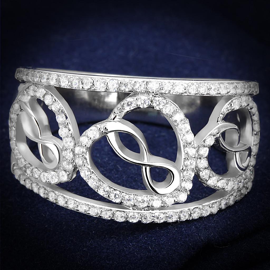 TS573 Rhodium 925 Sterling Silver Ring featuring a clear AAA Grade CZ stone, showcasing its elegant design and shiny finish.