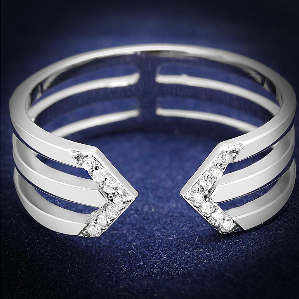 TS574 Rhodium 925 Sterling Silver Ring featuring a clear AAA grade CZ stone, showcasing its elegant design and shiny finish.