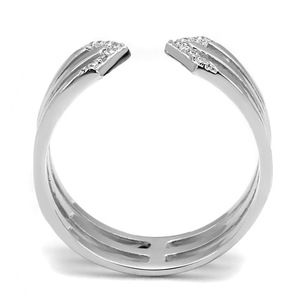 TS574 Rhodium 925 Sterling Silver Ring featuring a clear AAA grade CZ stone, showcasing its elegant design and shiny finish.