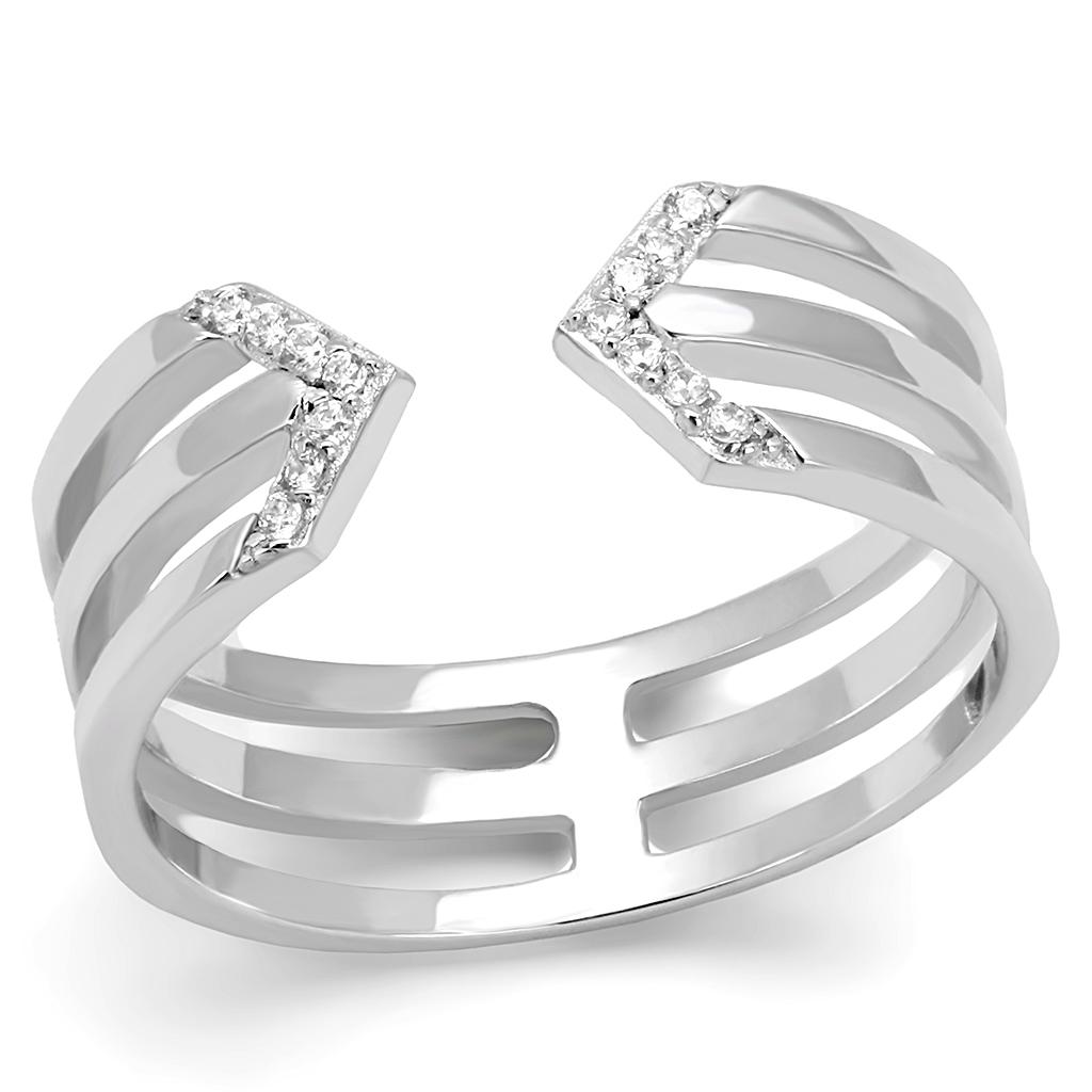 TS574 Rhodium 925 Sterling Silver Ring featuring a clear AAA grade CZ stone, showcasing its elegant design and shiny finish.