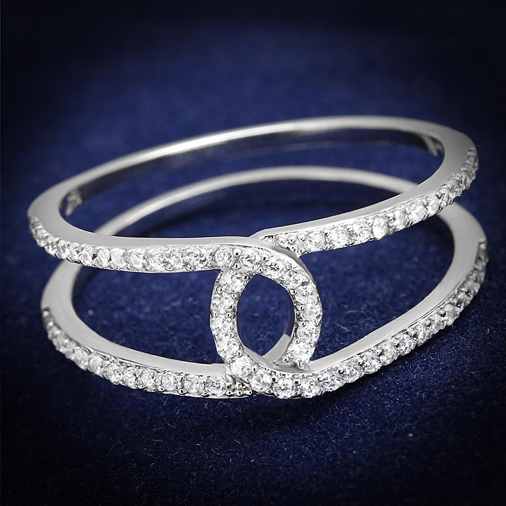 TS575 Rhodium 925 Sterling Silver Ring featuring a clear AAA grade CZ stone, showcasing its elegant design and shiny finish.