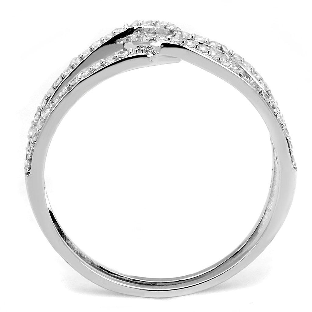 TS575 Rhodium 925 Sterling Silver Ring featuring a clear AAA grade CZ stone, showcasing its elegant design and shiny finish.