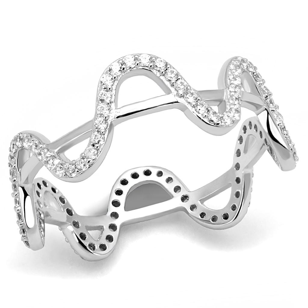 TS576 Rhodium 925 Sterling Silver Ring featuring a clear AAA Grade CZ stone, showcasing its elegant design and shiny finish.