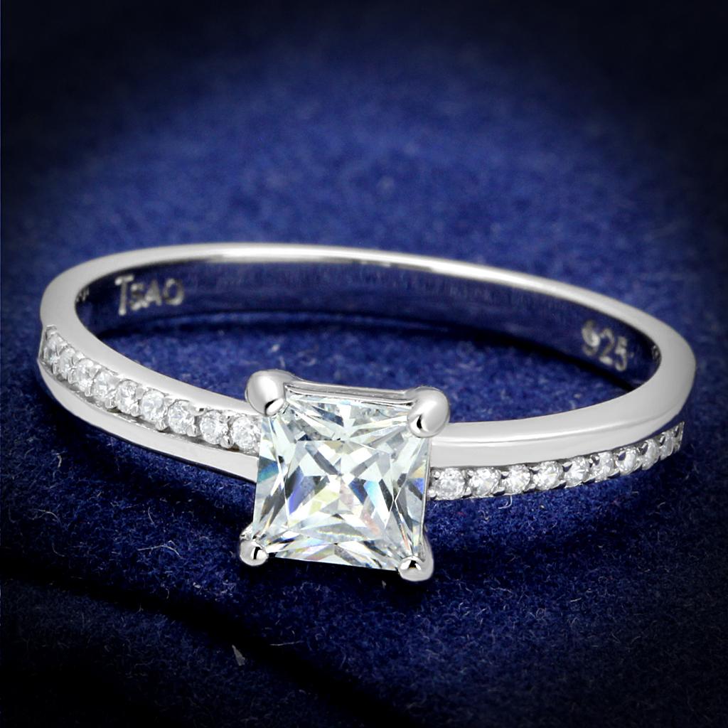 TS558 Rhodium 925 Sterling Silver Ring featuring a clear AAA Grade CZ stone, showcasing its elegant design and high-quality craftsmanship.