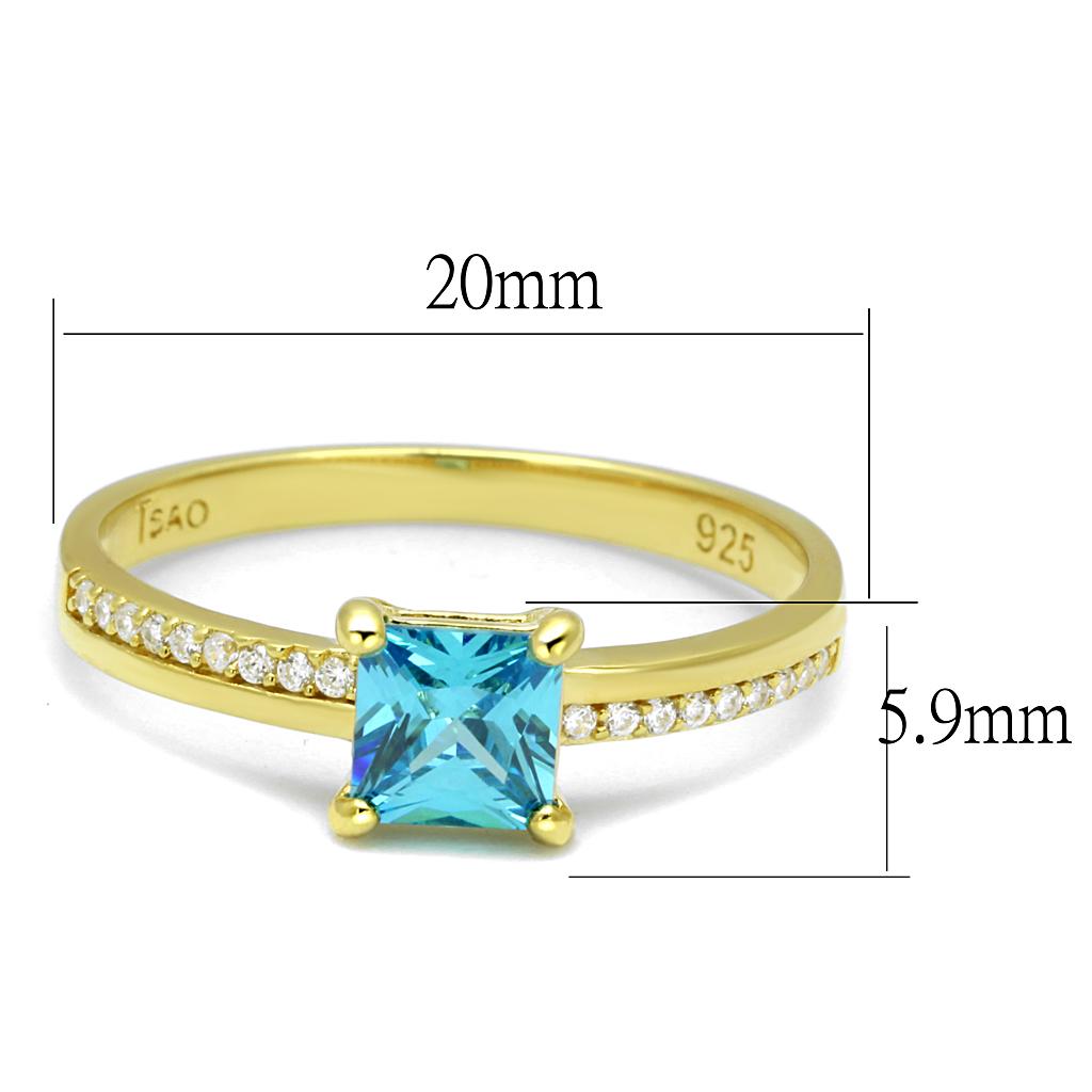 TS559 Gold 925 Sterling Silver Ring featuring a vibrant sea blue AAA Grade CZ stone, elegantly designed for luxury and comfort.