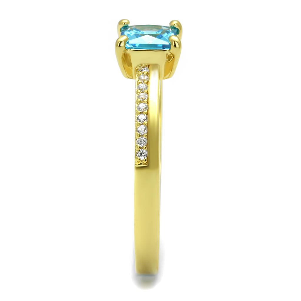 TS559 Gold 925 Sterling Silver Ring featuring a vibrant sea blue AAA Grade CZ stone, elegantly designed for luxury and comfort.