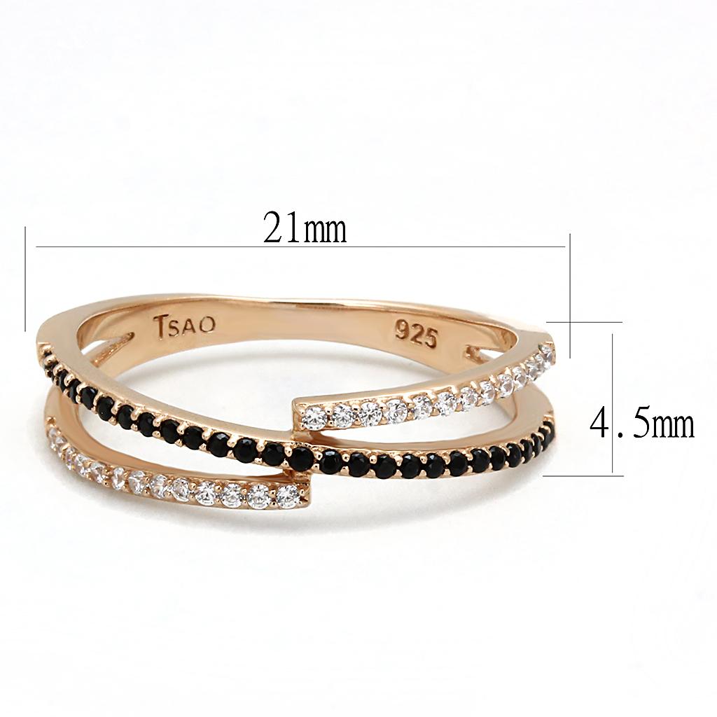 TS590 Rose Gold 925 Sterling Silver Ring featuring a synthetic spinel stone in jet color, elegantly designed for any occasion.