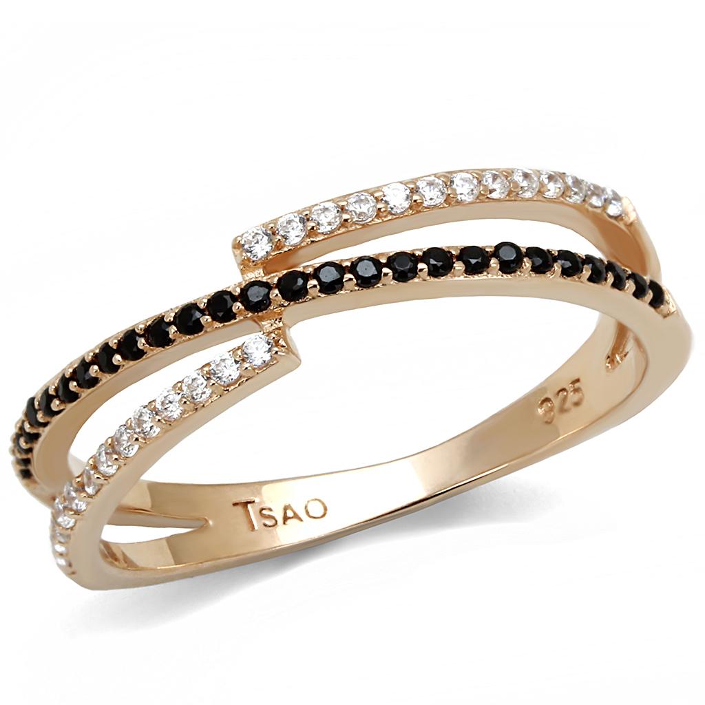 TS590 Rose Gold 925 Sterling Silver Ring featuring a synthetic spinel stone in jet color, elegantly designed for any occasion.