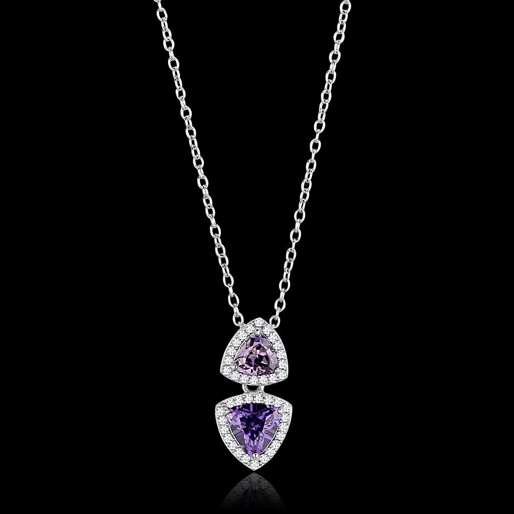 TS607 Rhodium 925 Sterling Silver Chain Pendant featuring AAA Grade CZ in amethyst color, showcasing its elegant design and high-quality materials.