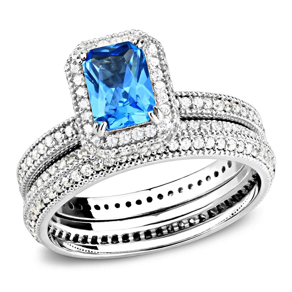 TS615 Rhodium 925 Sterling Silver Ring featuring a sea blue synthetic glass stone, showcasing its elegant design and shiny finish.