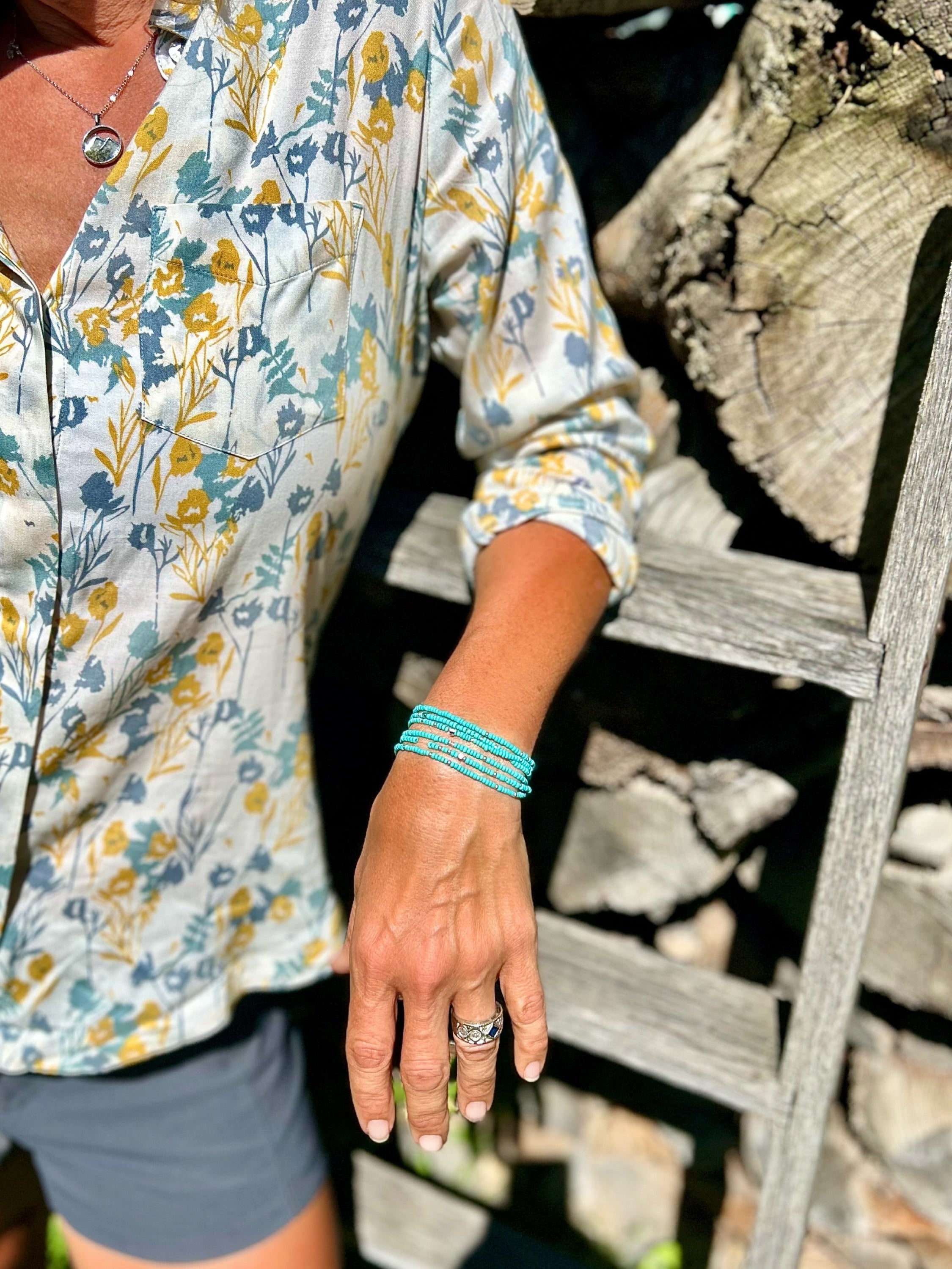 Turquoise and chunky gold or silver boho beaded wrap bracelet, showcasing vibrant Czech glass seed beads and metallic accents.