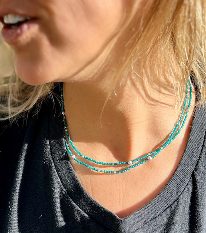 Turquoise and chunky gold or silver boho beaded wrap bracelet, showcasing vibrant Czech glass seed beads and metallic accents.