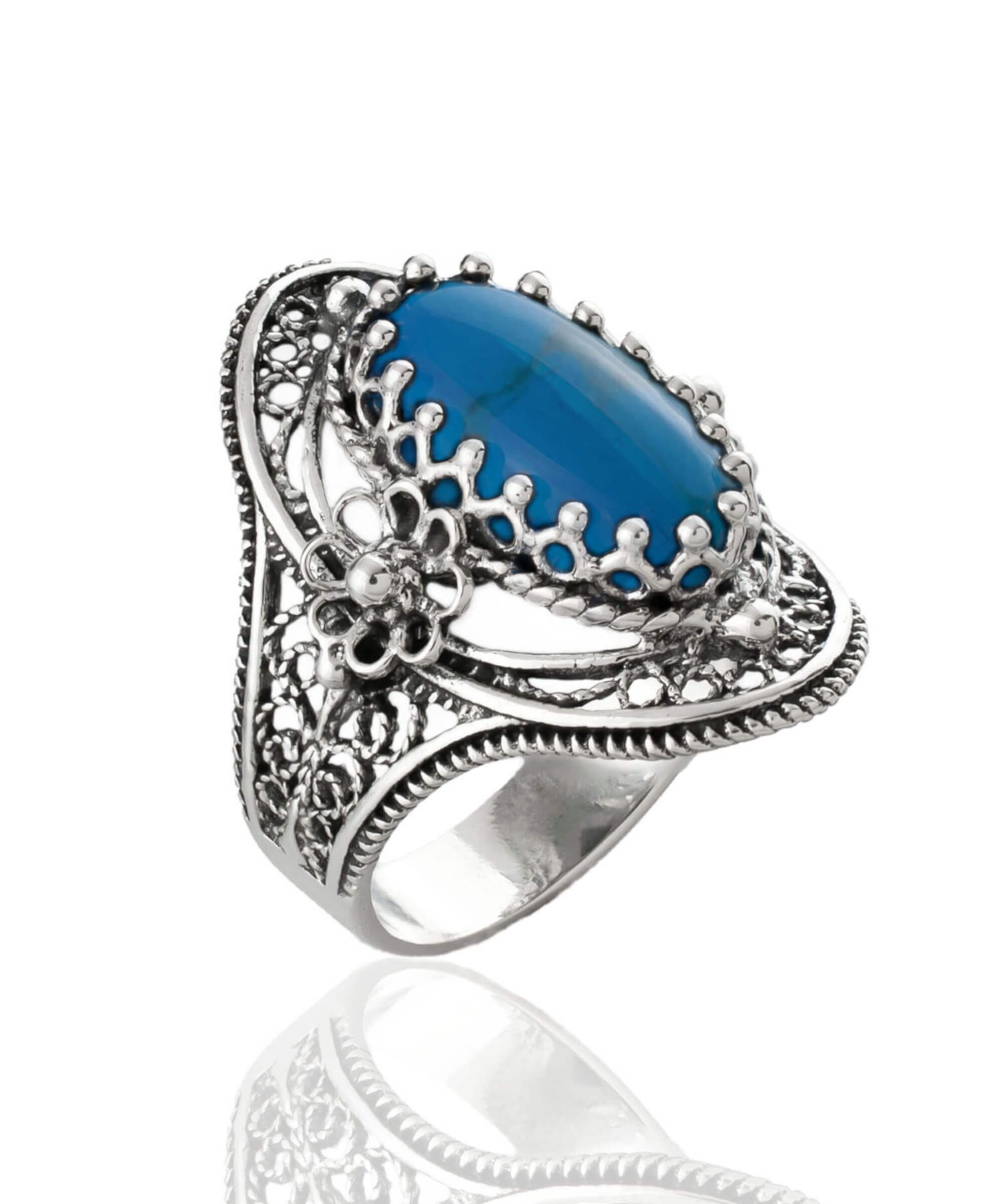Turquoise gemstone sterling silver filigree ring with daisy accents, showcasing an oval cut turquoise stone and intricate design.
