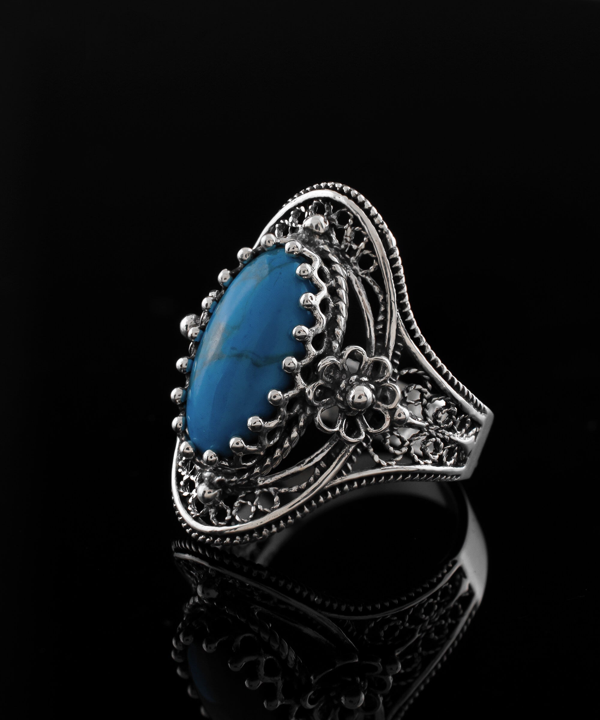 Turquoise gemstone sterling silver filigree ring with daisy accents, showcasing an oval cut turquoise stone and intricate design.