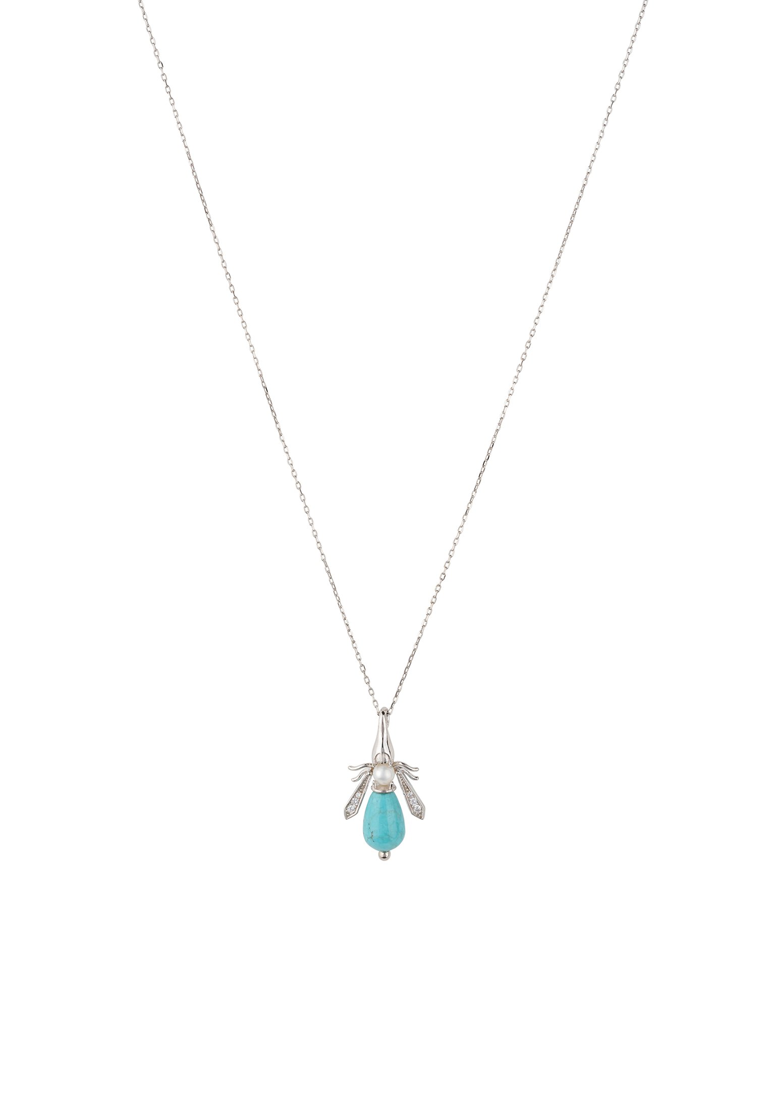 Turquoise and pearl honey bee necklace in sterling silver, featuring a turquoise body and pearl head, elegantly designed for everyday wear.