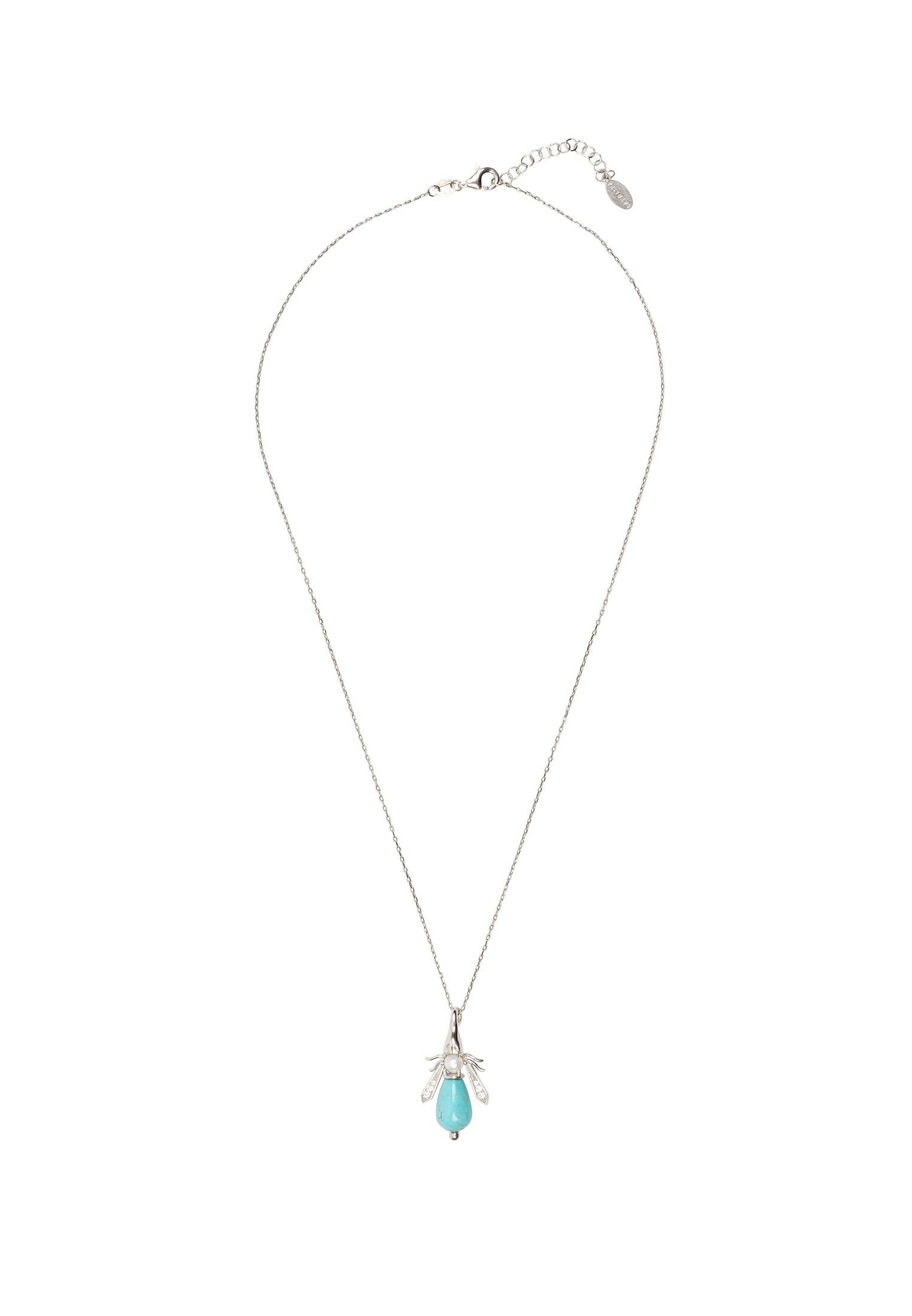 Turquoise and pearl honey bee necklace in sterling silver, featuring a turquoise body and pearl head, elegantly designed for everyday wear.