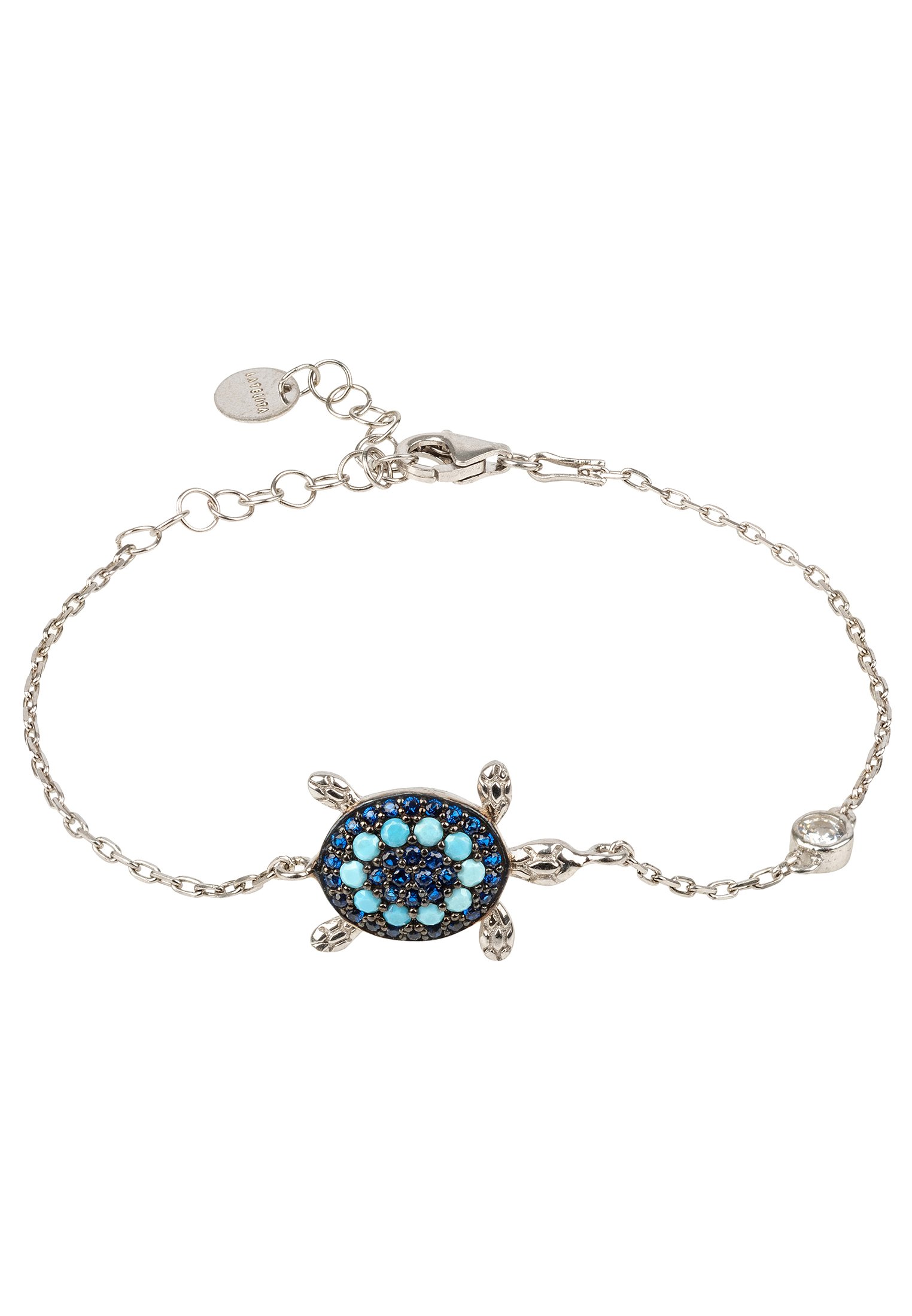 A beautiful Turtle Turquoise Blue Bracelet made of 925 sterling silver, featuring sparkling turquoise and blue cubic zirconia in a playful sea turtle design.