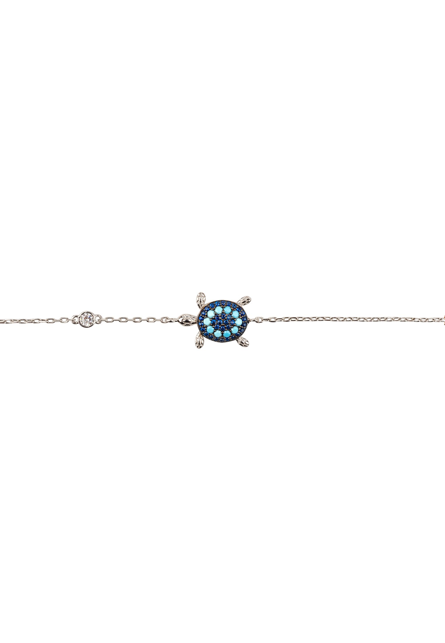 A beautiful Turtle Turquoise Blue Bracelet made of 925 sterling silver, featuring sparkling turquoise and blue cubic zirconia in a playful sea turtle design.