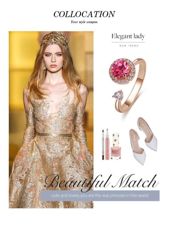 Twisted Pink Austrian Elements Circular Halo Adjustable Ring featuring 14K rose gold plating and pink stones, elegantly designed for comfort.