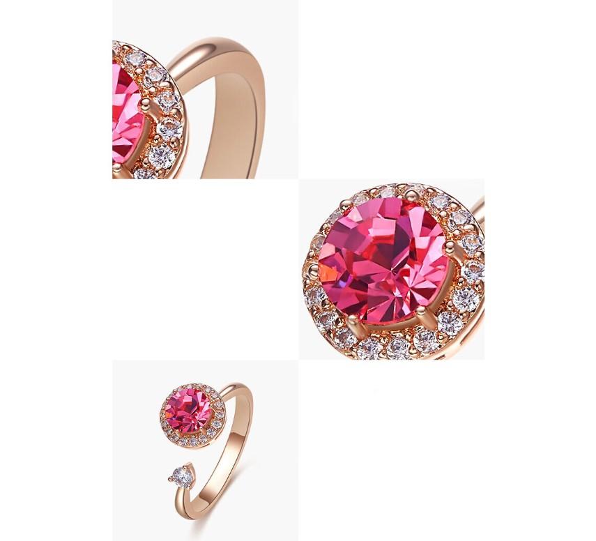 Twisted Pink Austrian Elements Circular Halo Adjustable Ring featuring 14K rose gold plating and pink stones, elegantly designed for comfort.