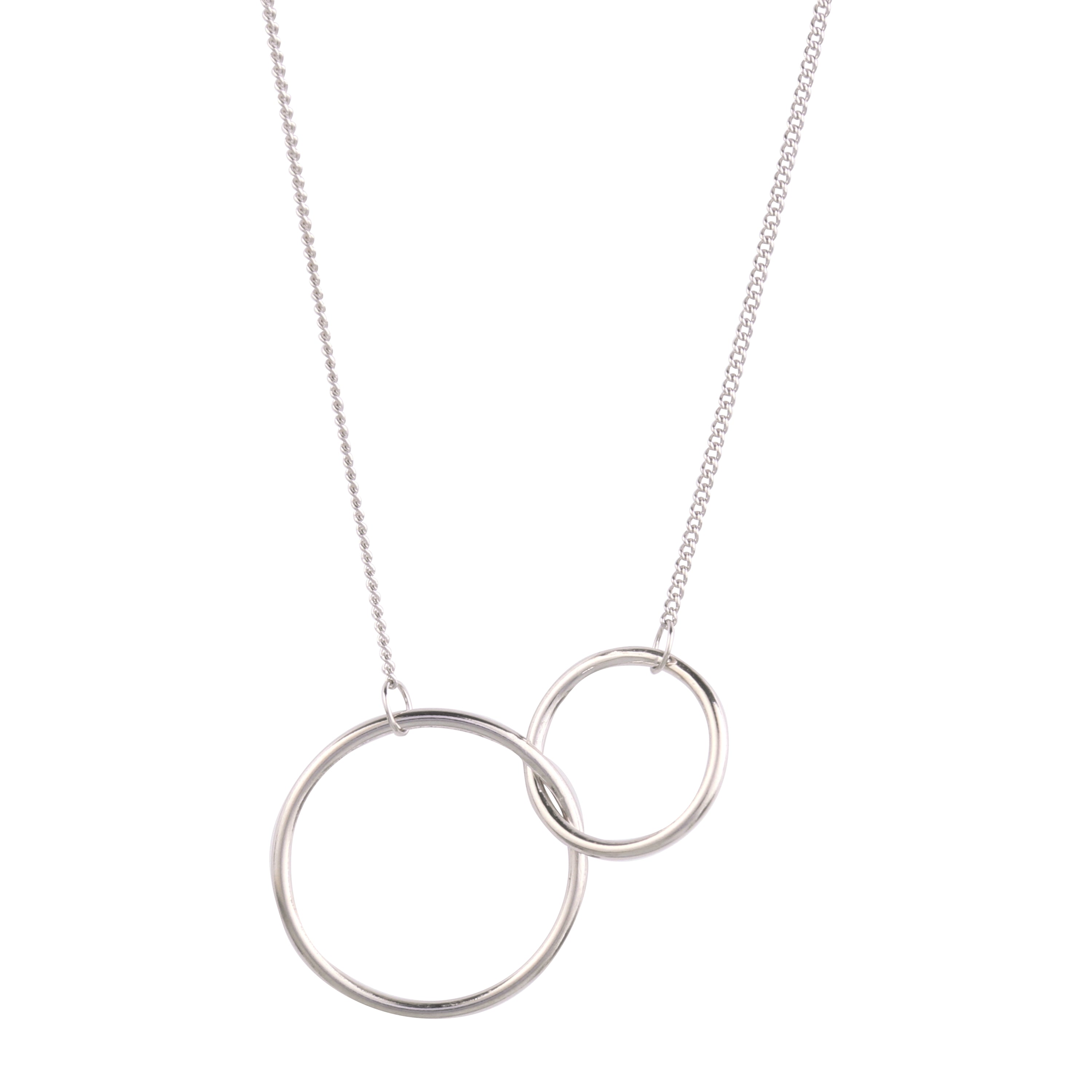 Two Circle Interlocking Pendant Necklace made of rhodium-plated 925 sterling silver, featuring a modern design with a 16-inch link chain.