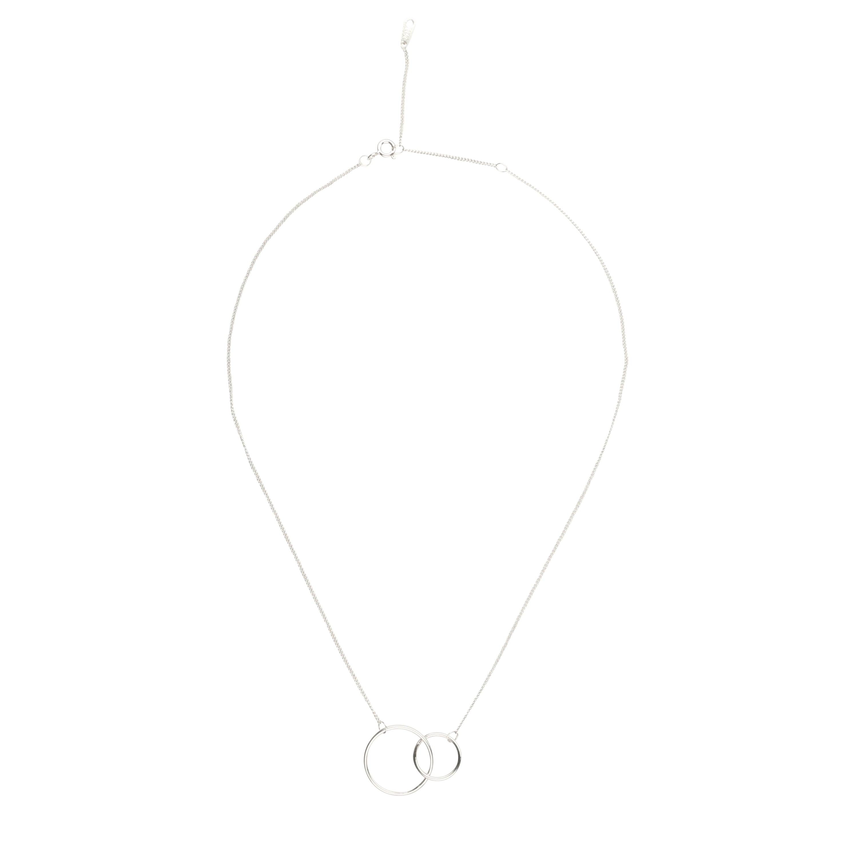 Two Circle Interlocking Pendant Necklace made of rhodium-plated 925 sterling silver, featuring a modern design with a 16-inch link chain.