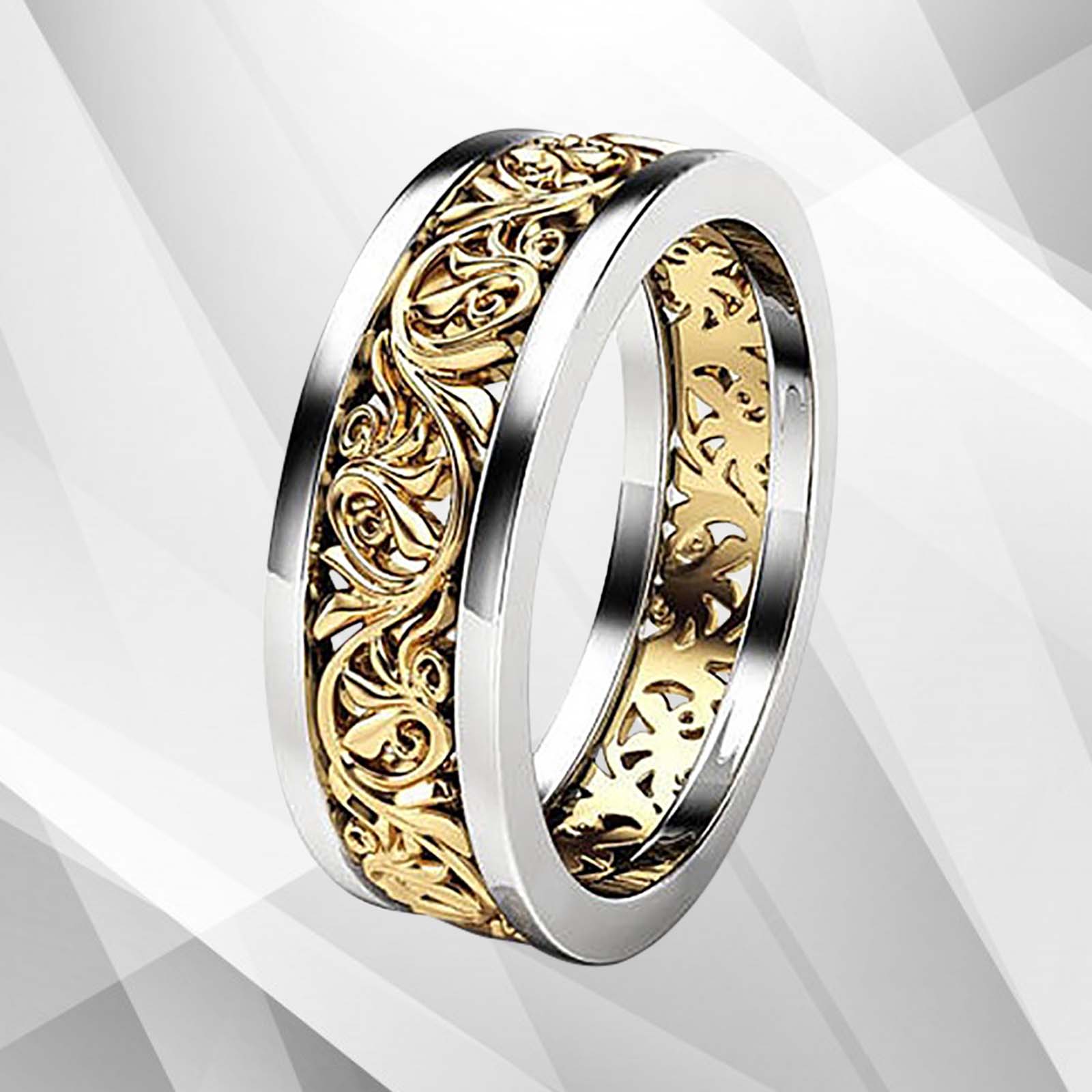 Two Colour 18Ct Yellow and White Gold Over Celtic Wedding Ring Band showcasing intricate design and elegant finish.