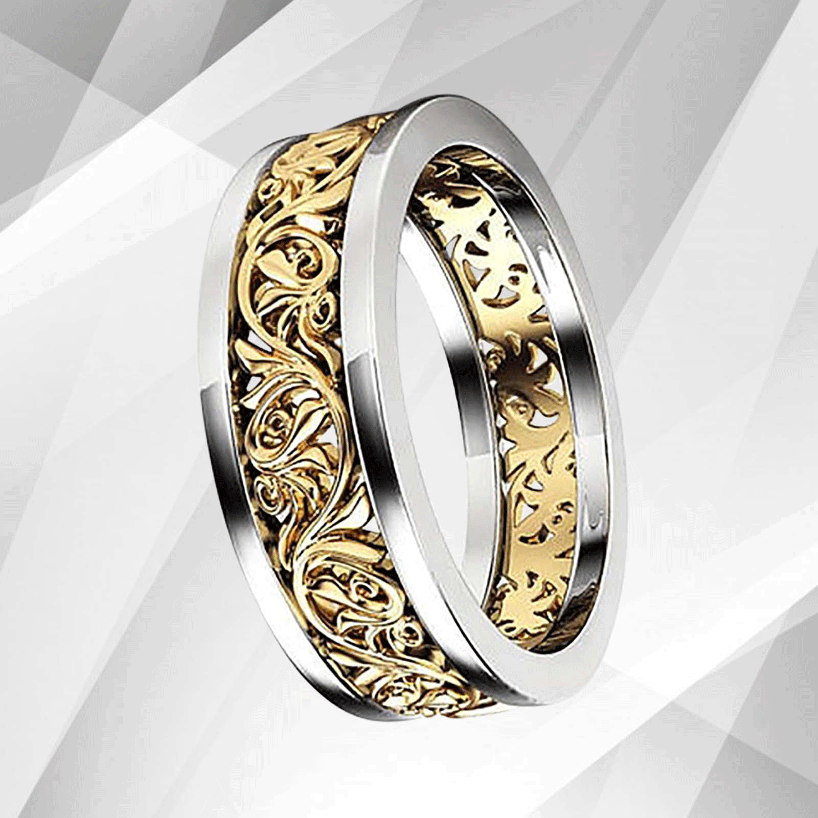 Two Colour 18Ct Yellow and White Gold Over Celtic Wedding Ring Band showcasing intricate design and elegant finish.
