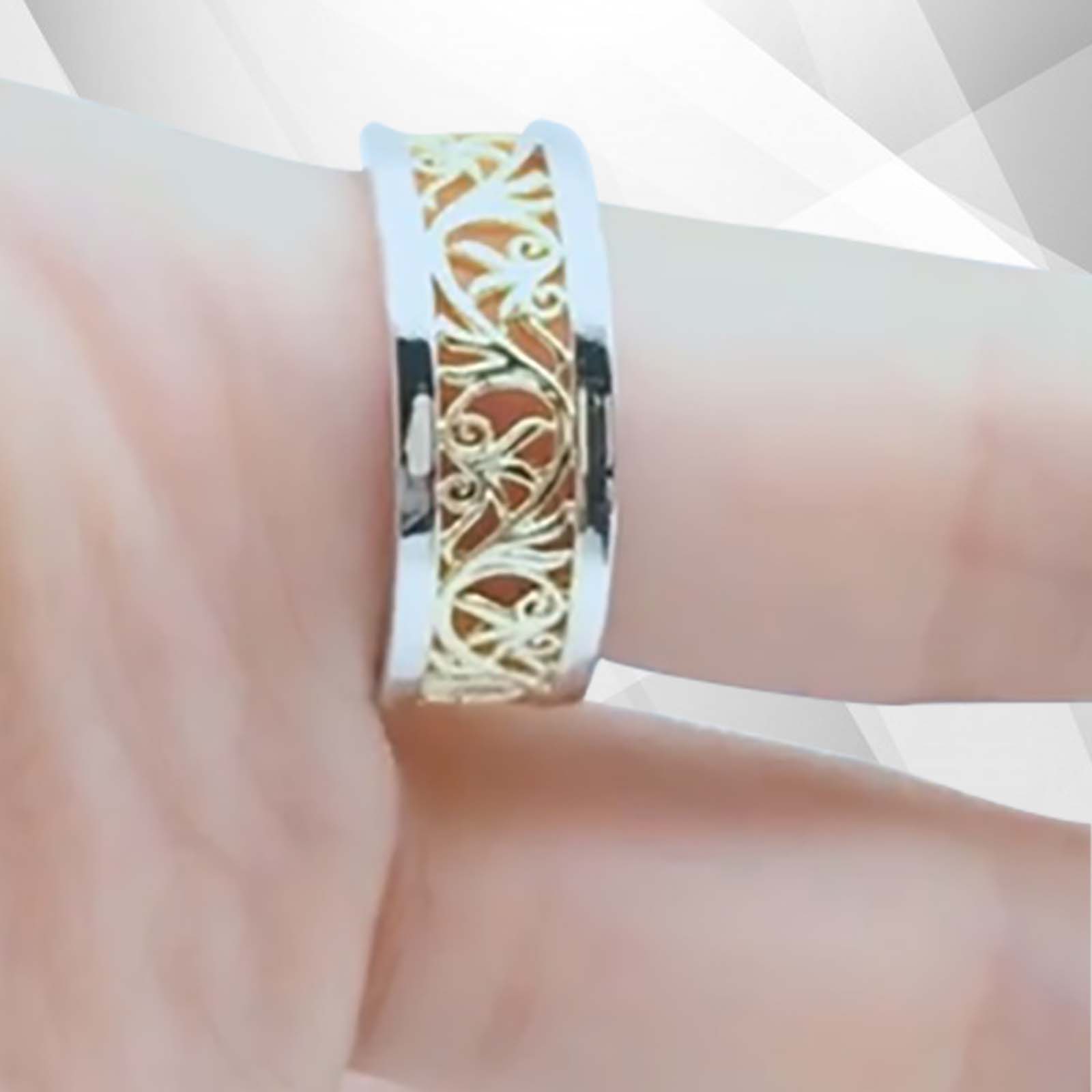 Two Colour 18Ct Yellow and White Gold Over Celtic Wedding Ring Band showcasing intricate design and elegant finish.