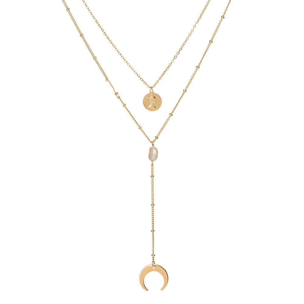 Two Layer Necklace featuring a moon and gypsy coin pendant, elegantly designed with gold plating.