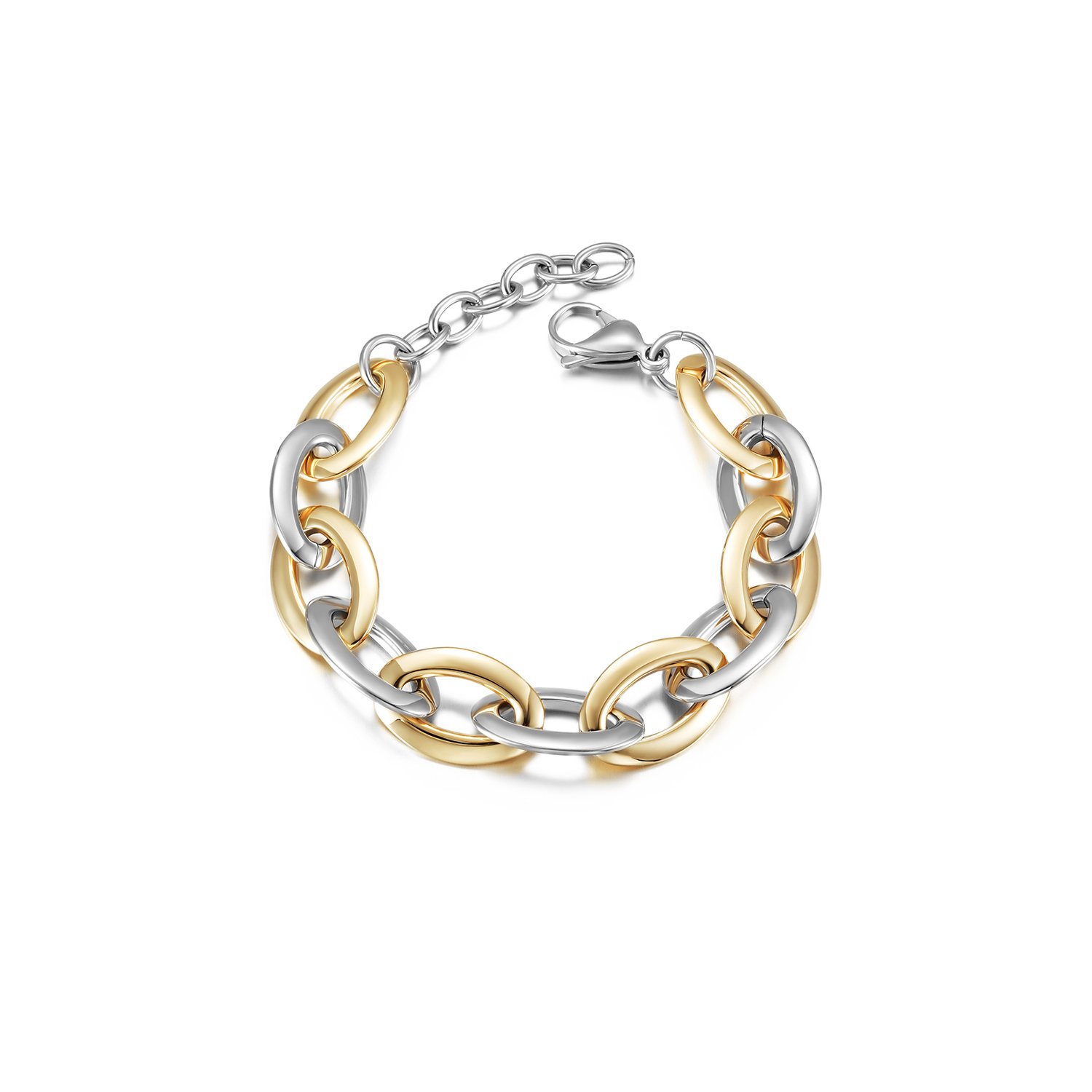 Two-Tone Oval Link Bracelet made of stainless steel with gold plating, showcasing its elegant design and durable construction.