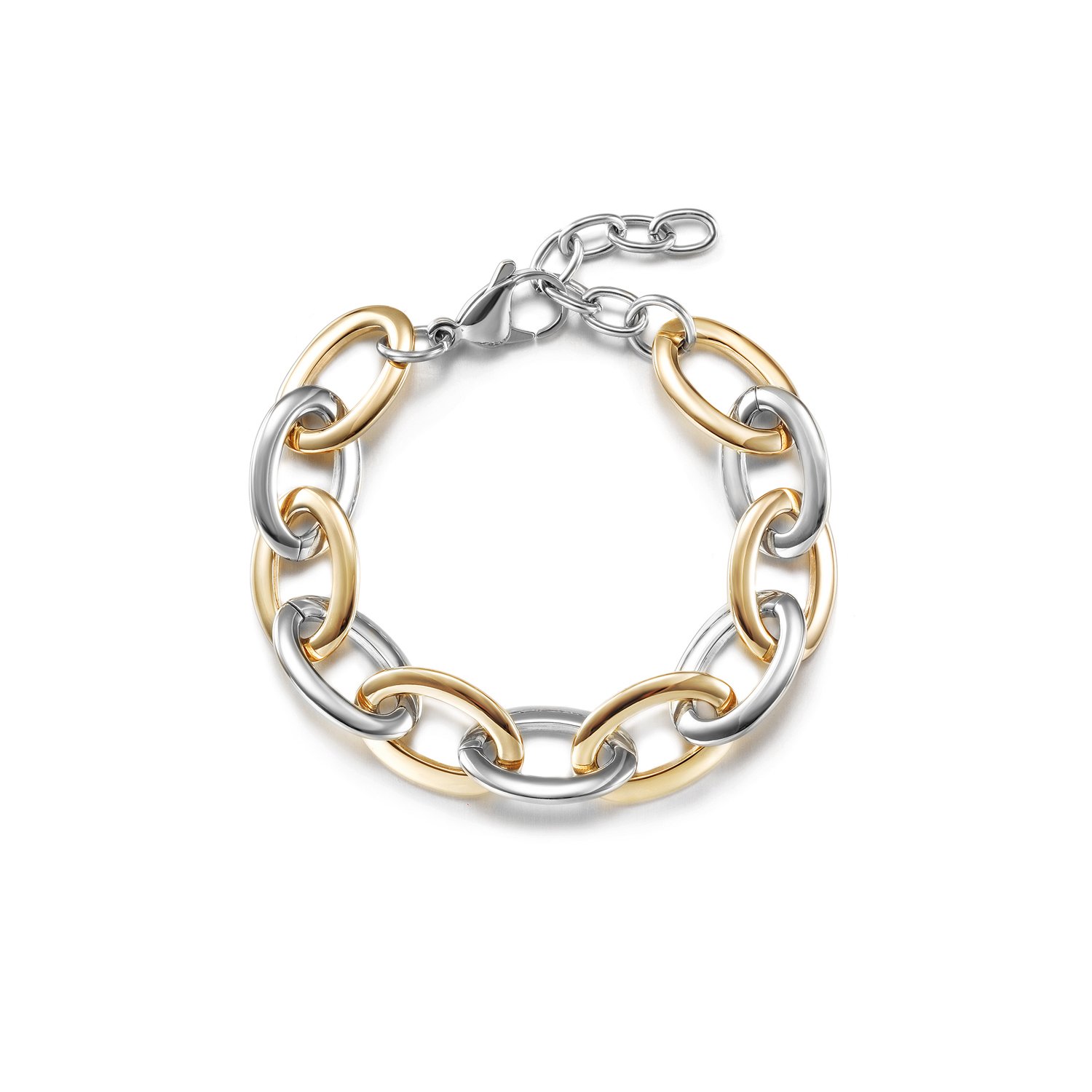 Two-Tone Oval Link Bracelet made of stainless steel with gold plating, showcasing its elegant design and durable construction.