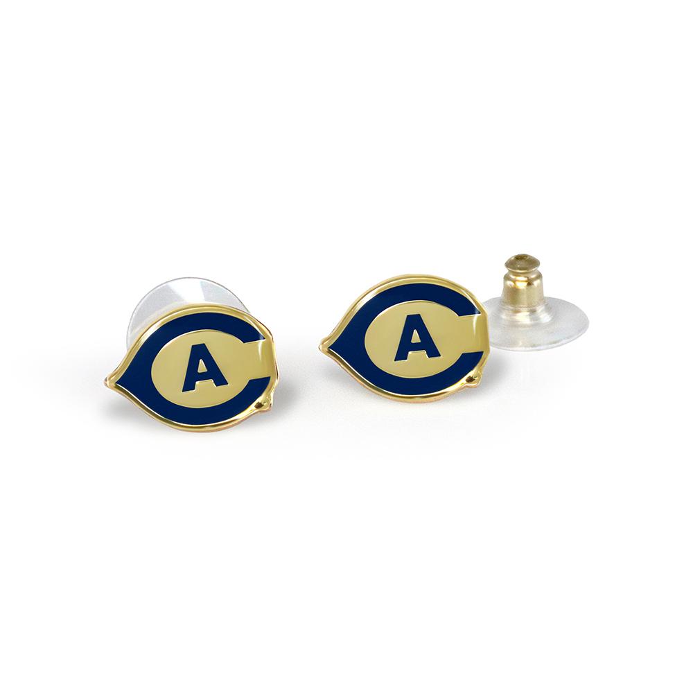 UC Davis Post Earrings featuring surgical stainless steel posts, trendy design, and Aggie logo.