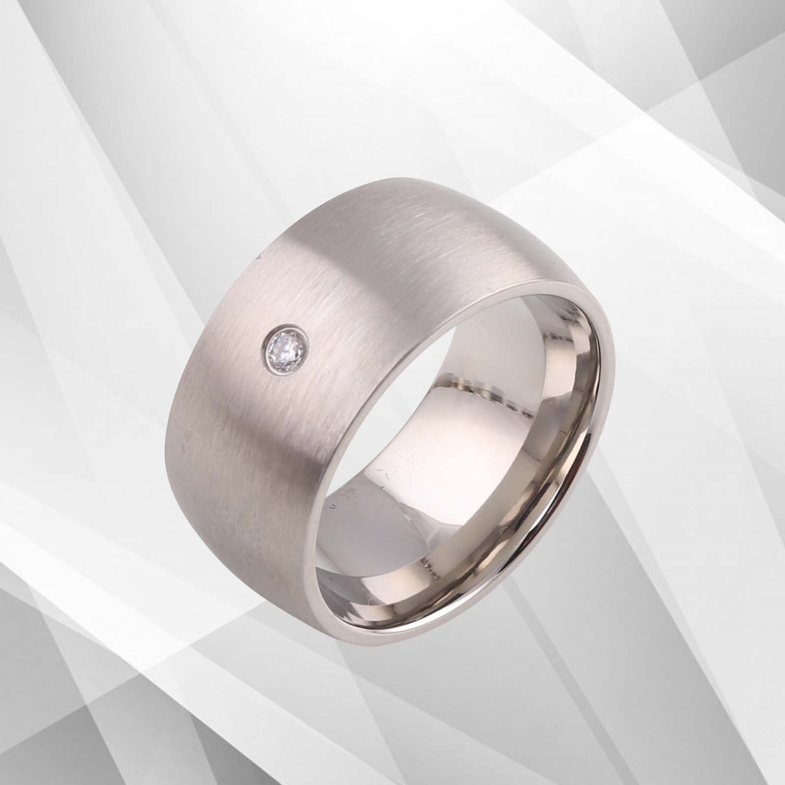 UK 10mm Titanium Wedding Ring with 0.35Ct CZ Diamond, featuring a D-shaped brushed design and 18Ct white gold finish.