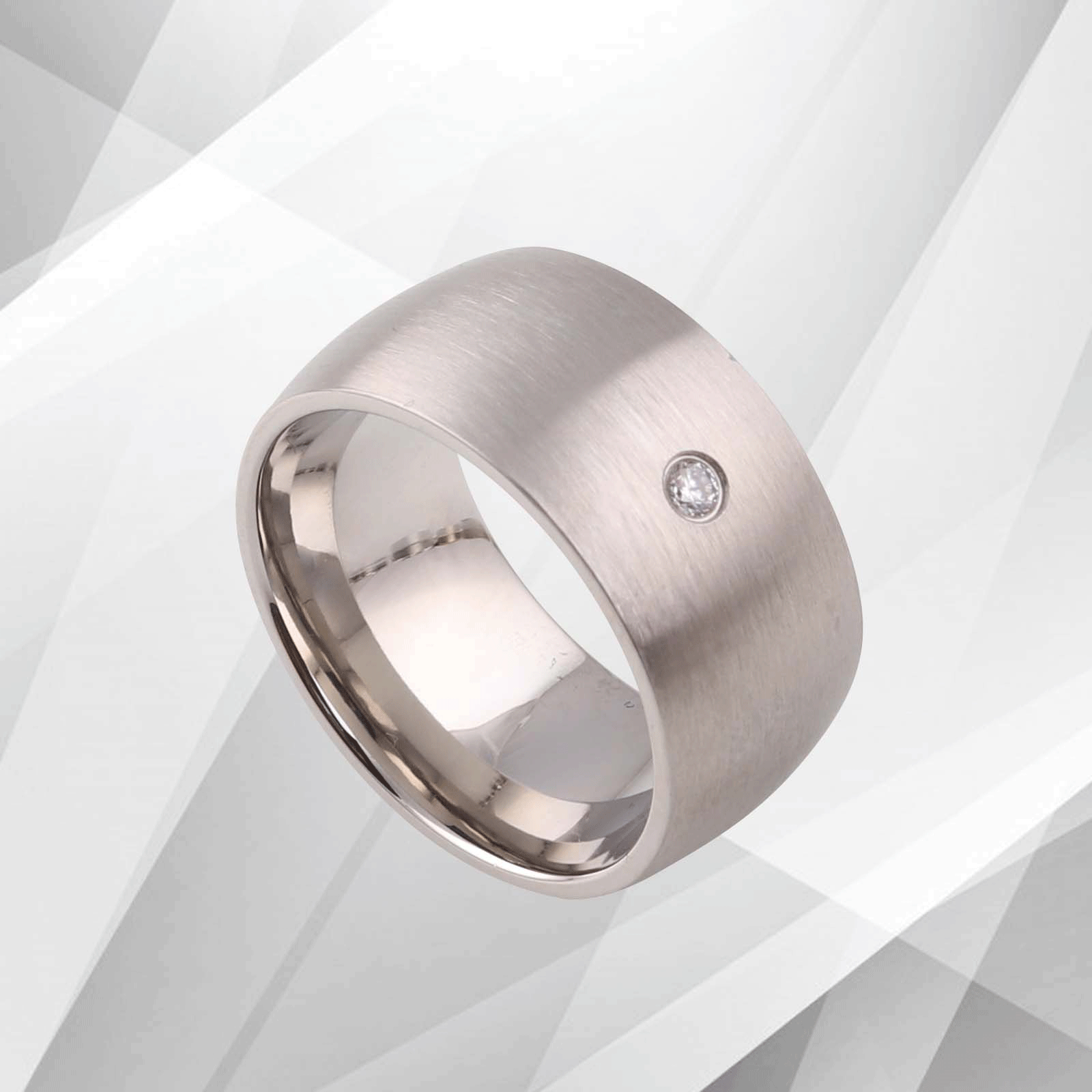 UK 10mm Titanium Wedding Ring with 0.35Ct CZ Diamond, featuring a D-shaped brushed design and 18Ct white gold finish.