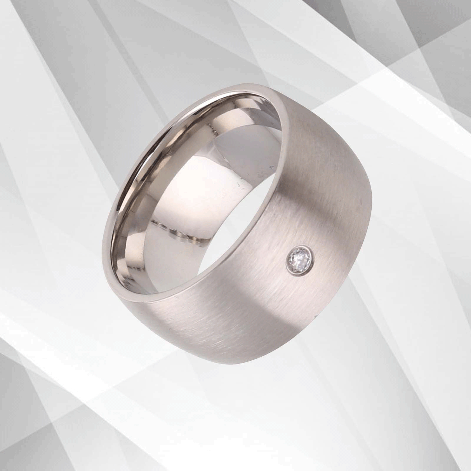 UK 10mm Titanium Wedding Ring with 0.35Ct CZ Diamond, featuring a D-shaped brushed design and 18Ct white gold finish.