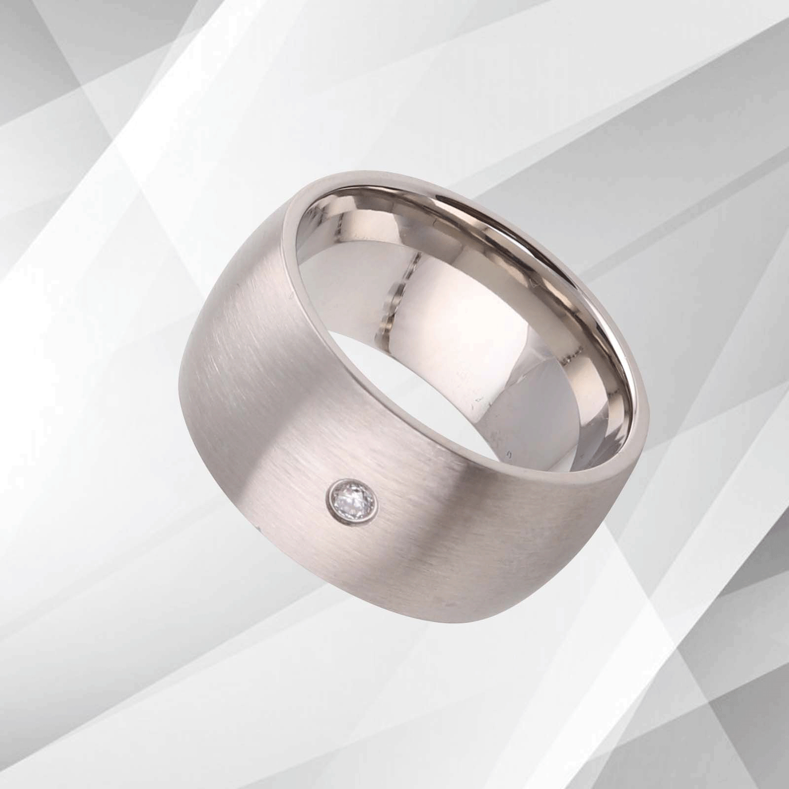 UK 10mm Titanium Wedding Ring with 0.35Ct CZ Diamond, featuring a D-shaped brushed design and 18Ct white gold finish.