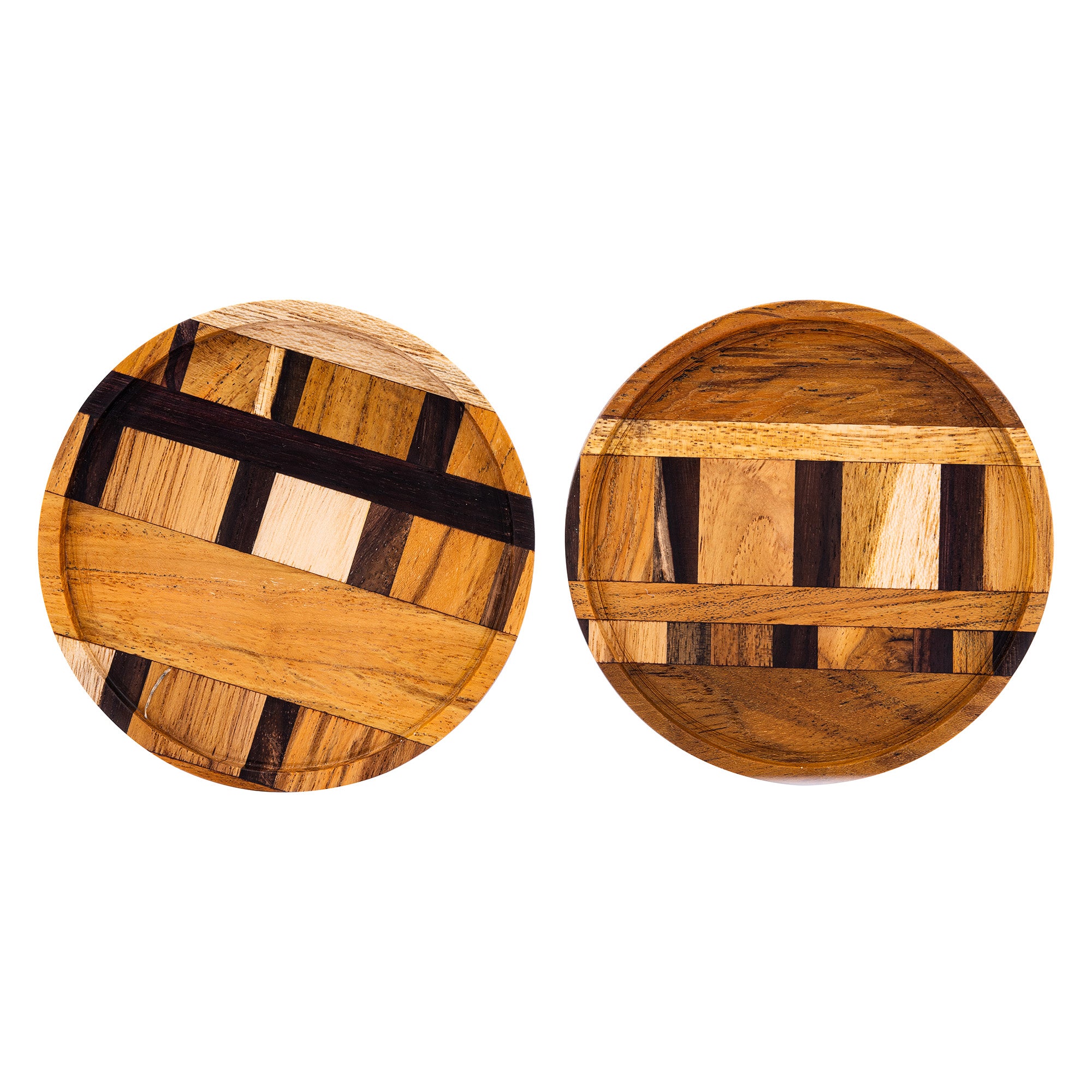 A set of unique handmade end grain wooden coasters made from reclaimed teak and rosewood, showcasing rich grain patterns and deep tones.