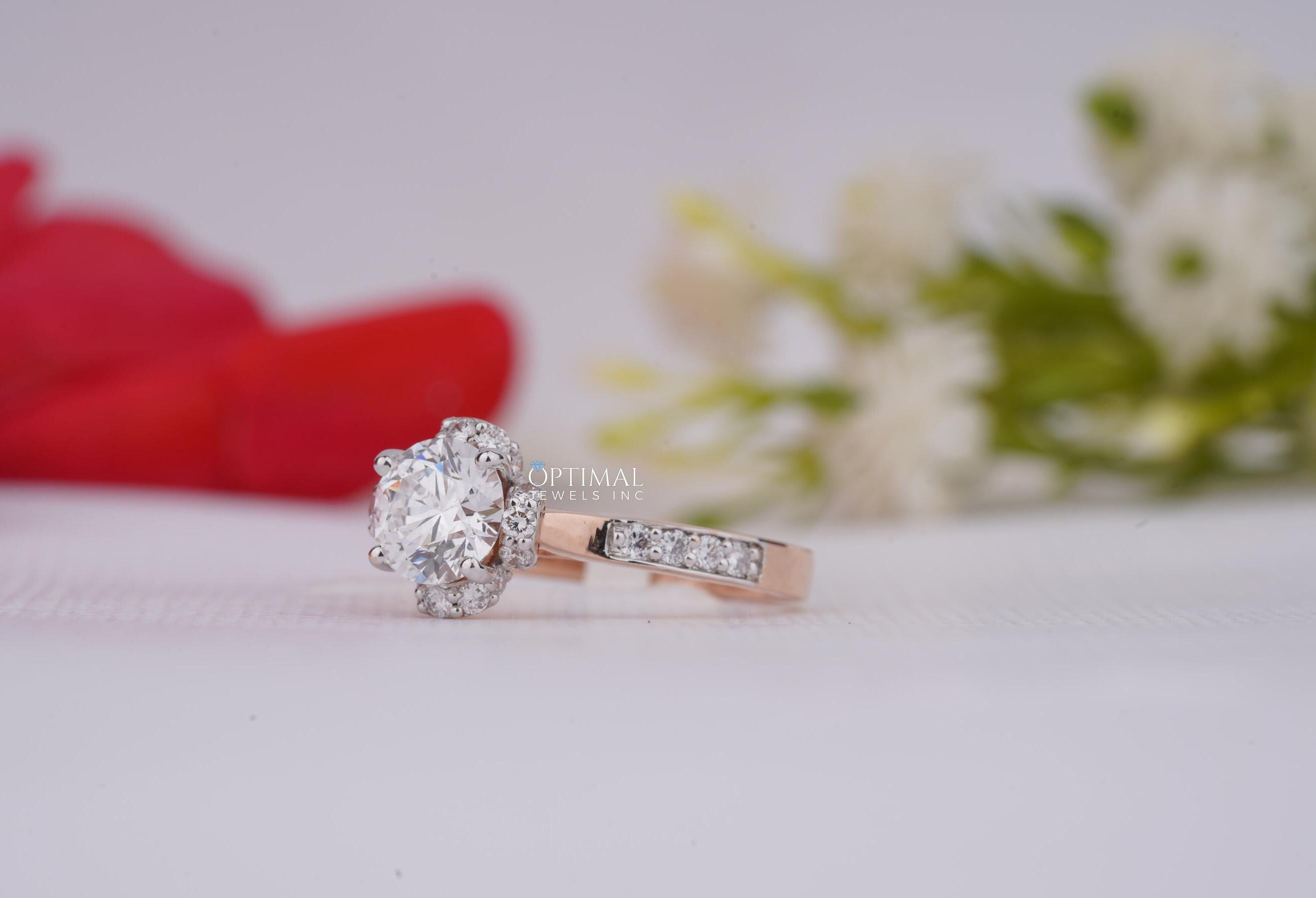 Unique Round Brilliant Cut Lab Diamond Ring featuring a halo design and floral accents in two-tone gold, showcasing a 1.04 CT center stone.