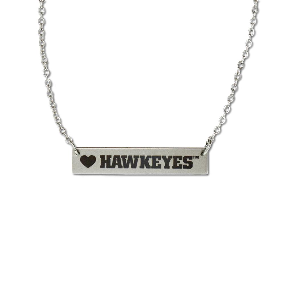 Officially licensed University of Iowa Hawkeyes bar necklace in silver finish with adjustable chain.