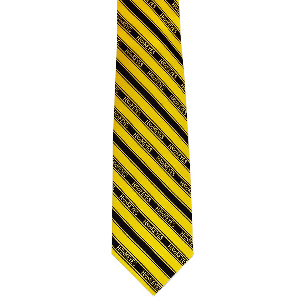 University of Iowa Men's Tie featuring trendy stripes in university colors, made from durable microfiber material.
