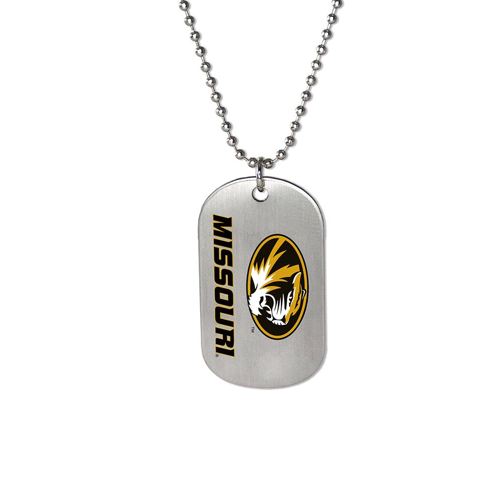 University of Missouri Tigers Dog Tag with logo on brushed silver finish, attached to a 24-inch ball chain.