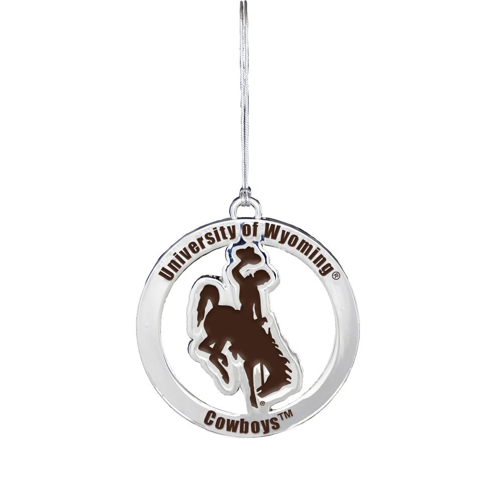 University of Wyoming ornament featuring Cowboys logo, 2 inches in diameter, perfect for holiday displays.