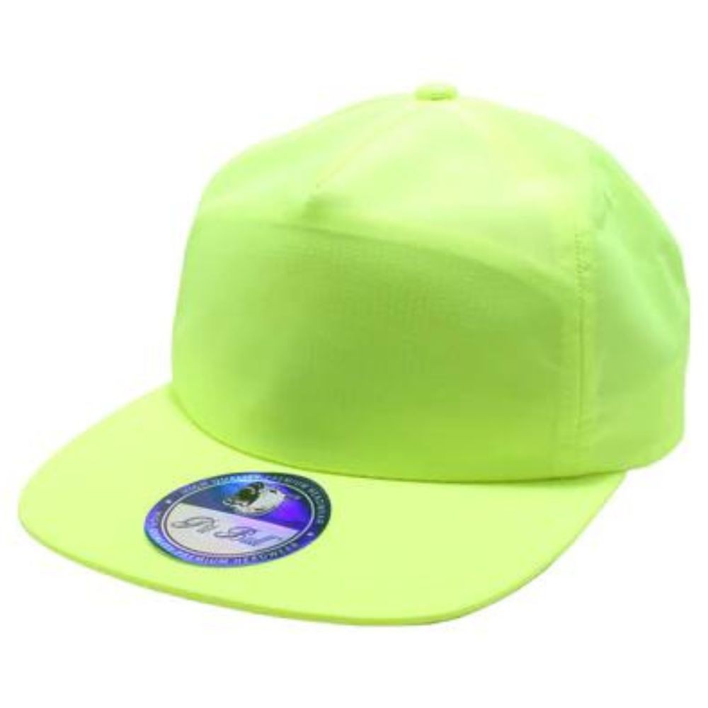 A pack of six unstructured 5 panel nylon hats in various colors, featuring a flat visor and high profile design.