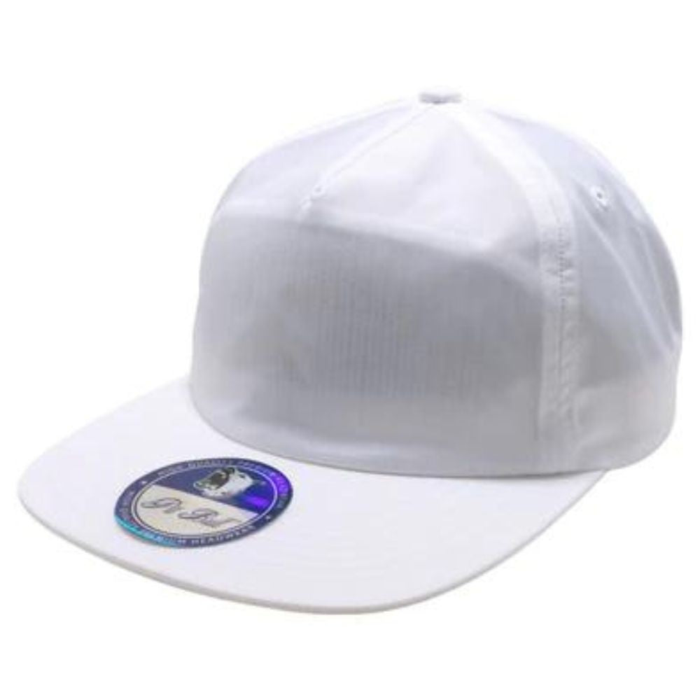 A pack of six unstructured 5 panel nylon hats in various colors, featuring a flat visor and high profile design.