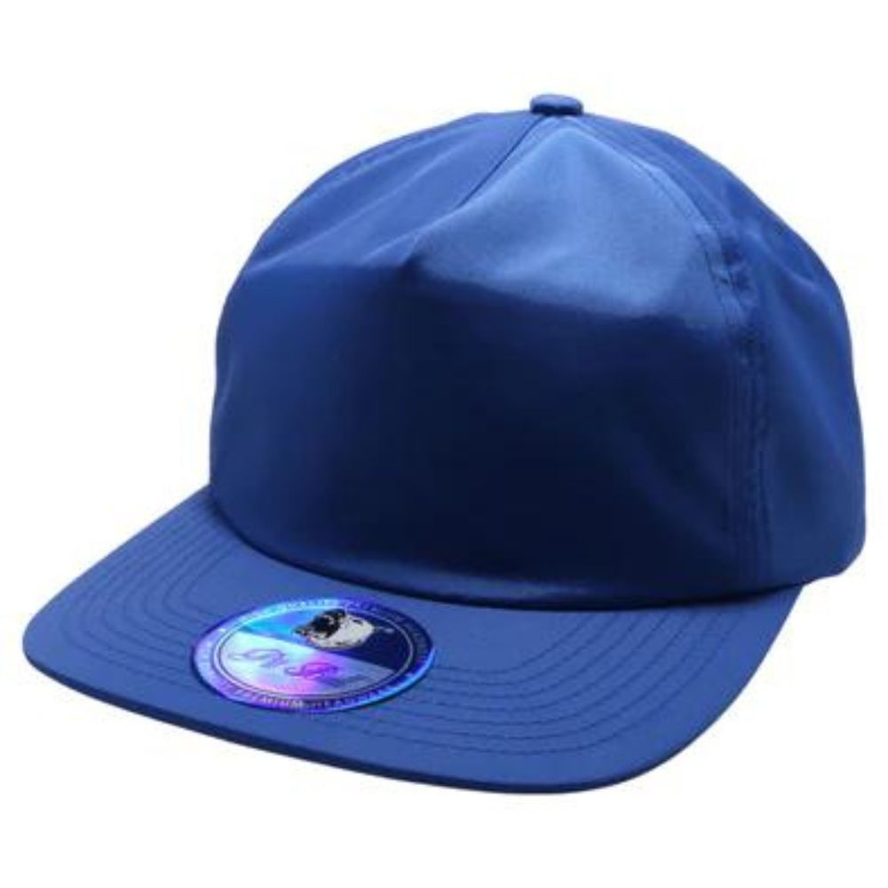 A pack of six unstructured 5 panel nylon hats in various colors, featuring a flat visor and high profile design.