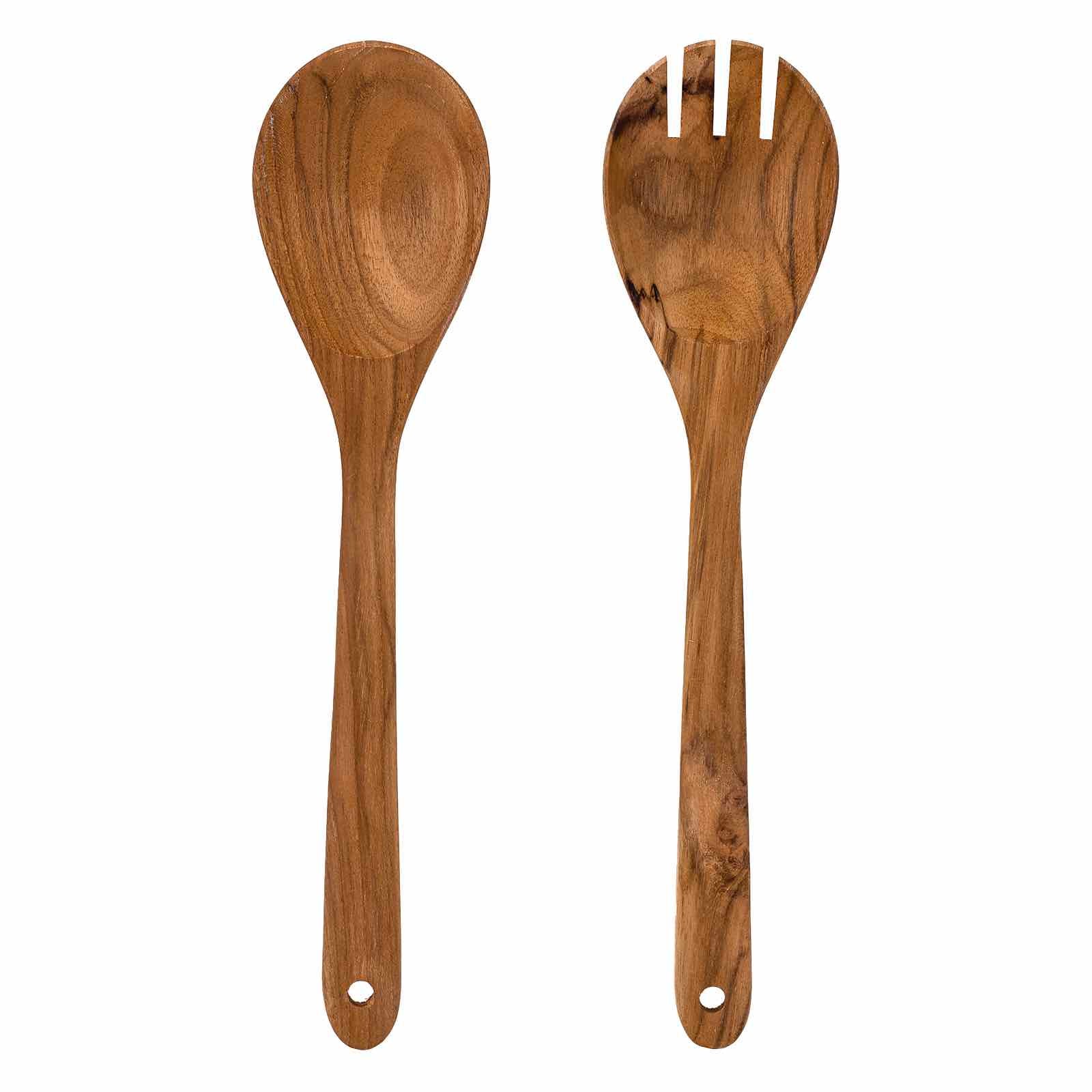 Upcycled eco-friendly wooden salad servers made from reclaimed teak wood, showcasing unique grain patterns and a polished finish.