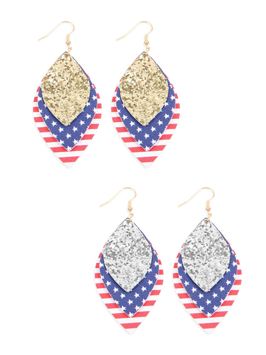 USA Flag With Sequin Marquise Layered Leather Drop Earrings featuring vibrant colors and a stylish design.